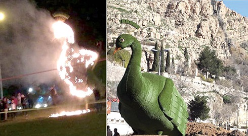 آتش زدن المان طاووس در شیراز به دلیل اعتقادات خرافی